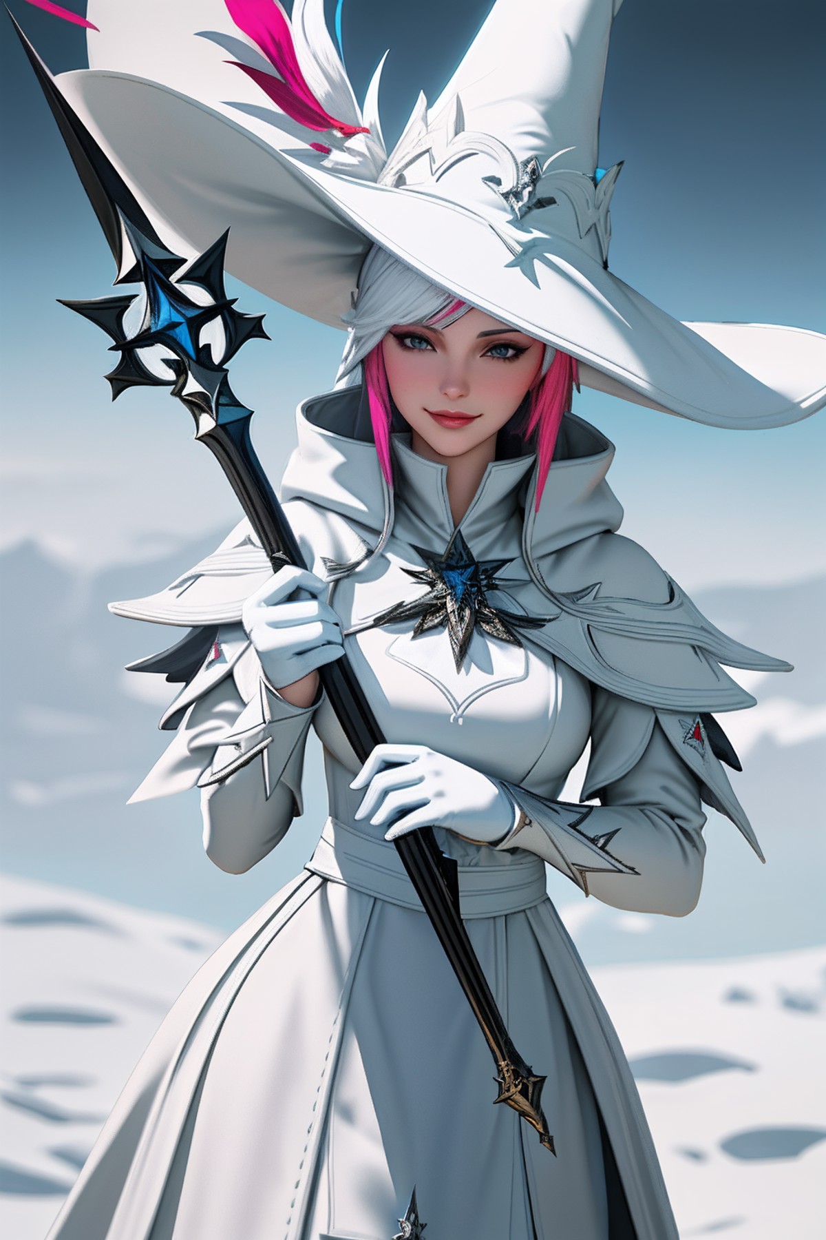 ((Masterpiece, best quality,edgQuality)),smug,smirk,
edgWHM, white mage robe, a woman in a white dress holding a wand , we...